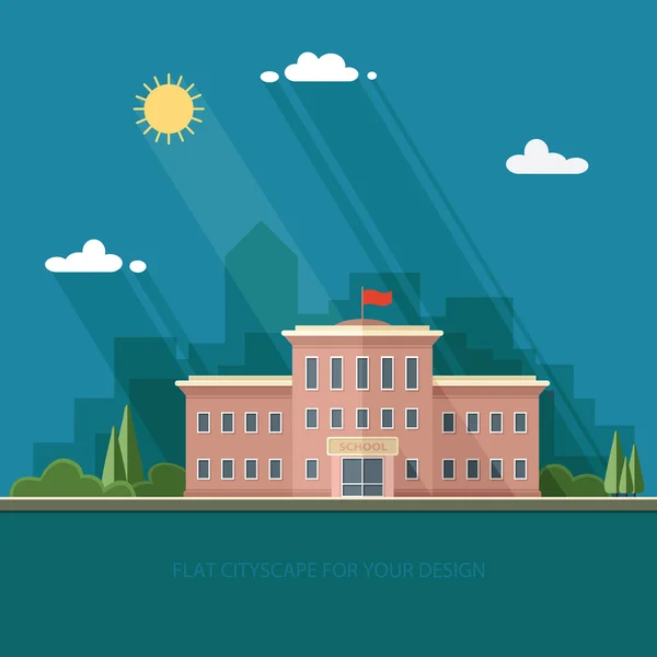 Bienvenido de nuevo a la escuela. Edificio en el fondo de la ciudad . — Vector de stock