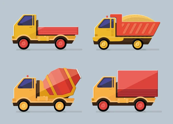 Lindo camión de construcciones para el transporte conjunto de iconos. Plano st — Archivo Imágenes Vectoriales
