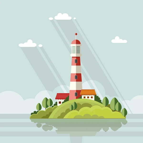 Paisaje marino. Faro en la isla sobre un fondo de nubes. Fl — Vector de stock