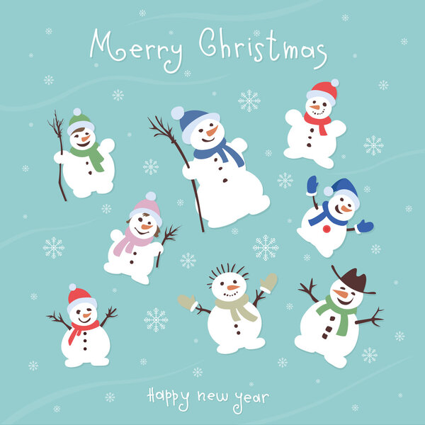 Cute and funny snowmen. Template Christmas cards. vector illustr
