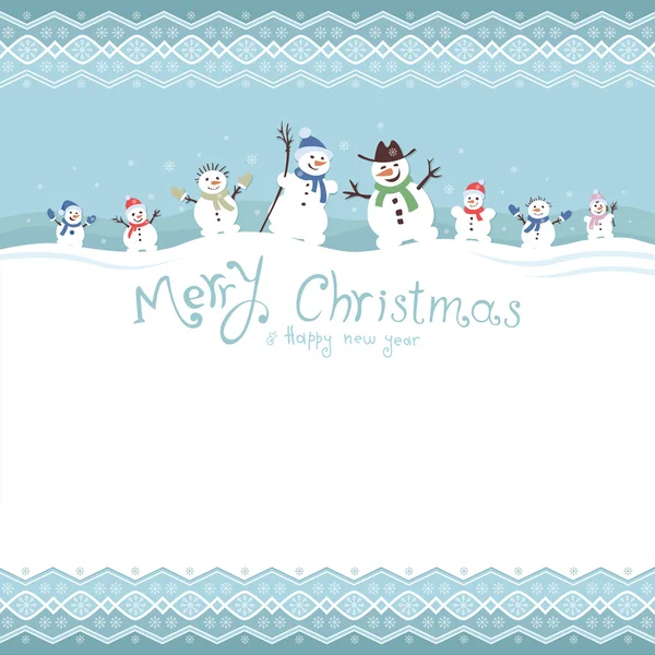 Lindos y divertidos muñecos de nieve. Plantilla de tarjetas de Navidad. vector illustr — Vector de stock