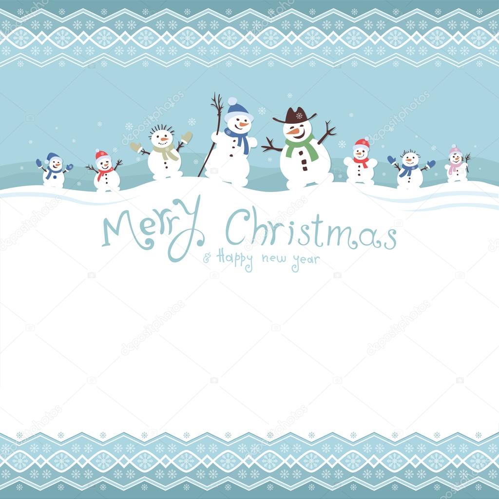 Cute and funny snowmen. Template Christmas cards. vector illustr