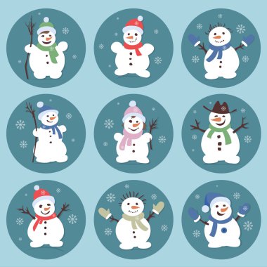 Cute, komik kardan adam. Noel illüstrasyonlar. Vektör Icon set