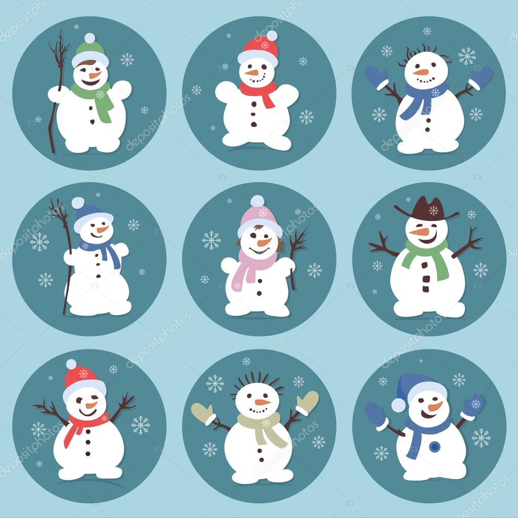 Cute and funny snowmen. Christmas illustrations. Vector set icon