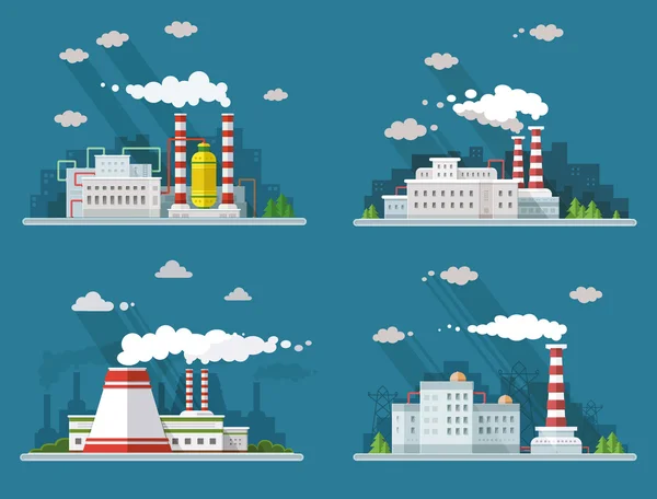 Industrial landscape set. The nuclear power plant and factory on — Stock Vector