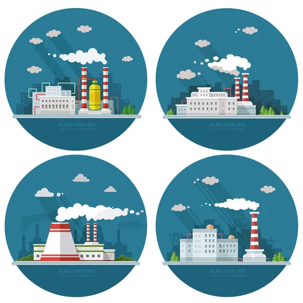 Conjunto de paisaje industrial. La central nuclear y la fábrica en — Vector de stock