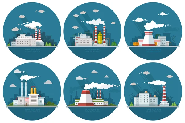 Endüstriyel manzara küme. Nükleer santral ve fabrika üzerinde