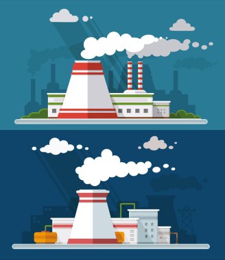 Endüstriyel manzara küme. Nükleer santral ve fabrika üzerinde