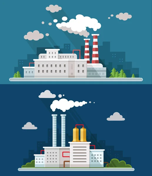 Conjunto de paisaje industrial. La central nuclear y la fábrica en — Vector de stock