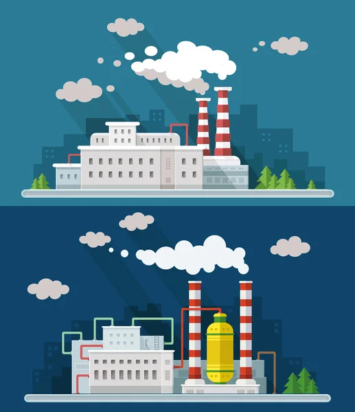 Industrial landscape set. The nuclear power plant and factory on — Stock Vector