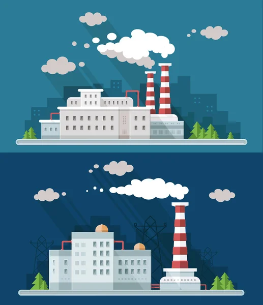 Industrial landscape set. The nuclear power plant and factory on — Stock Vector