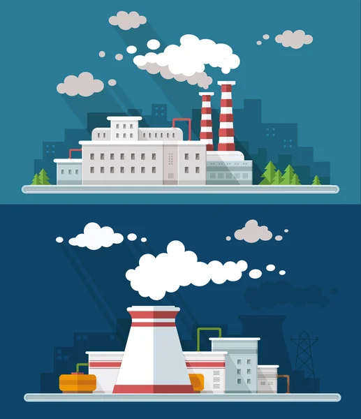 Conjunto de paisaje industrial. La central nuclear y la fábrica en — Vector de stock