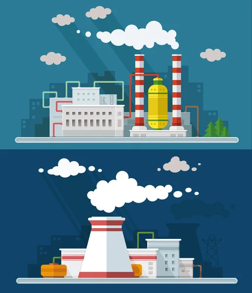 Industrial landscape set. The nuclear power plant and factory on — Stock Vector