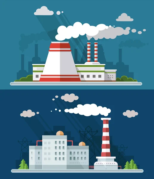 Industrial landscape set. The nuclear power plant and factory on — Stock Vector