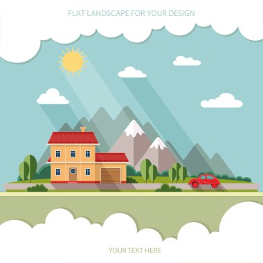 Yaz manzara. Kırmızı araba, tatil ev yarış bir arka plan üzerinde