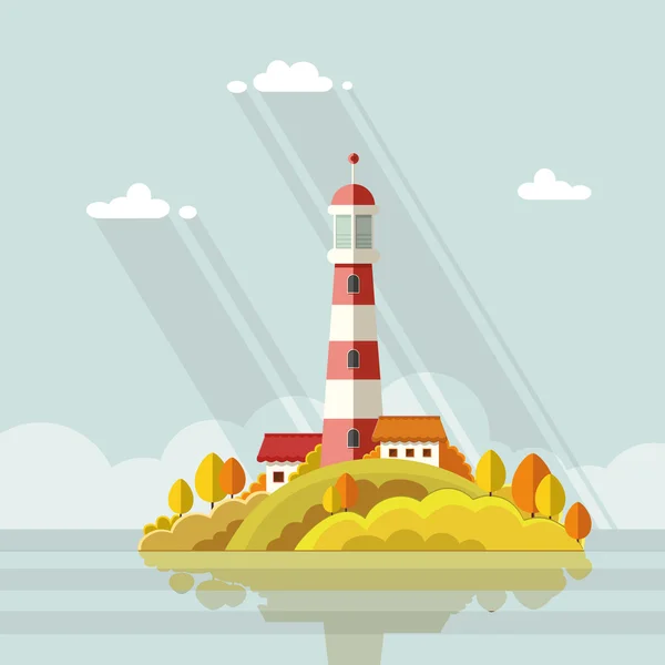 Paisaje marino. Faro en la isla sobre un fondo de nubes. Fl — Vector de stock