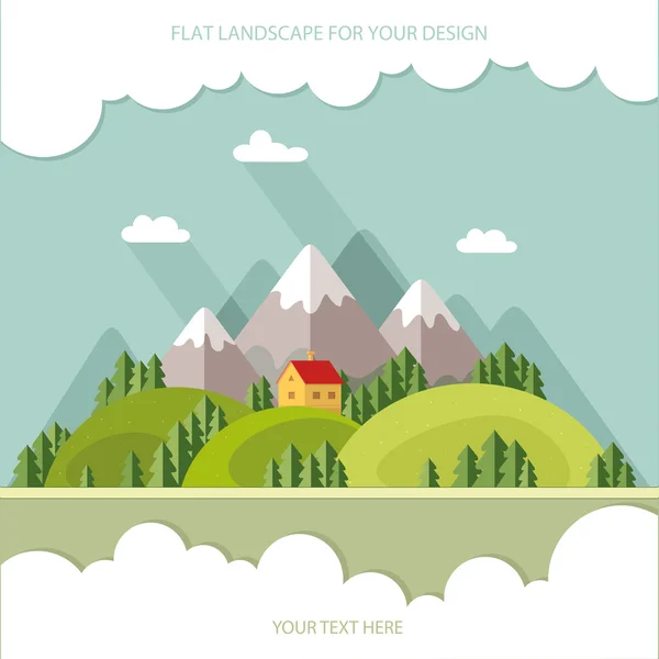 Landscape. Houses in the mountains among the trees. Flat style, — Stock Vector