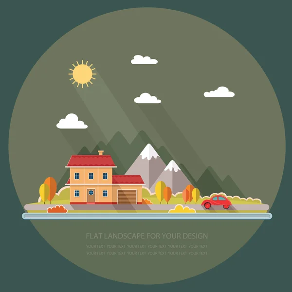 Paisaje de otoño. Coche rojo, Casa de vacaciones en un fondo de moun — Vector de stock