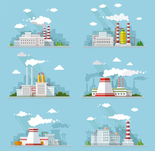 Industrial landscape set. The nuclear power plant and factory on — Stock Vector