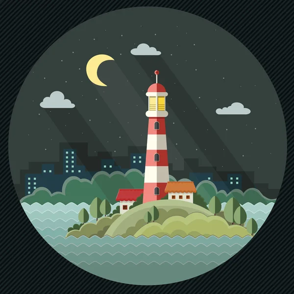 Night landscape. The lighthouse on the background of the city. F — Stock Vector