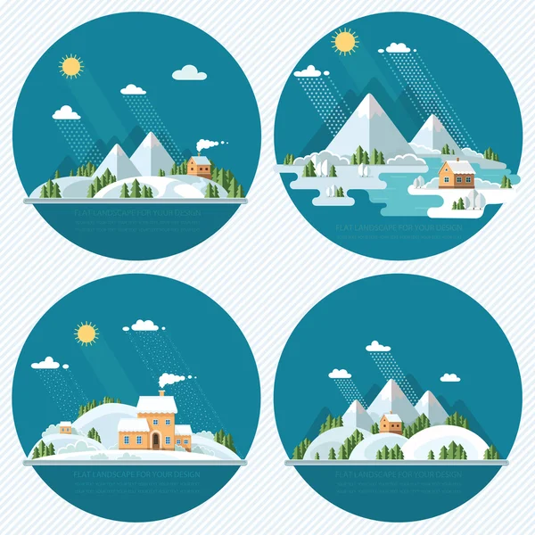 Pemandangan musim dingin pegunungan bersalju bukit set ikon. vec datar - Stok Vektor