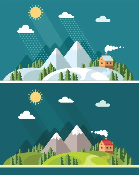 Paisaje de verano e invierno. hermosa casa en la colina entre t — Vector de stock