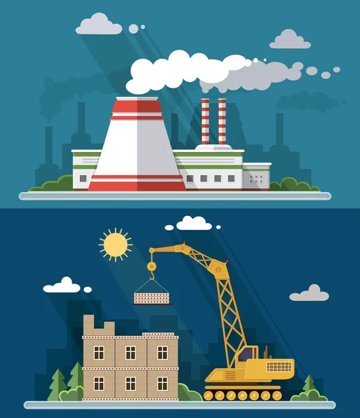 Industrial landscape set. The nuclear power plant and factory, h — Stock Vector