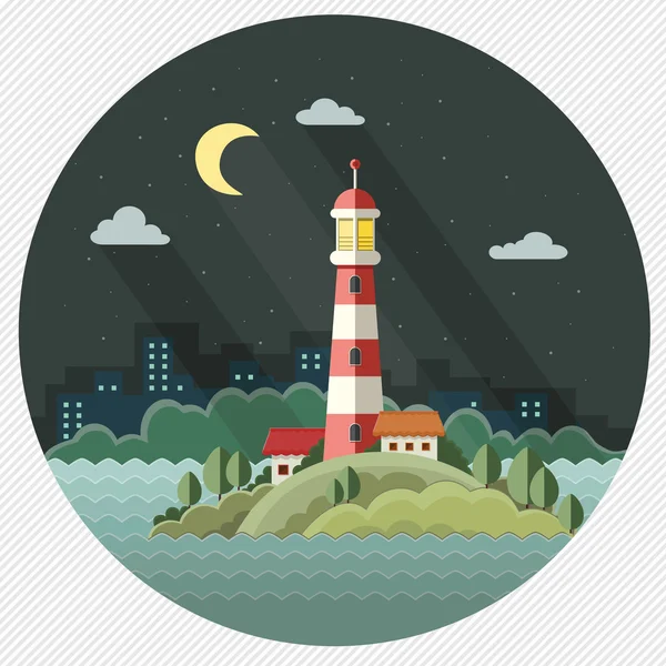 Night landscape. The lighthouse on the background of the city. F — Stock Vector