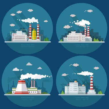 Endüstriyel manzara küme. Nükleer santral ve fabrika üzerinde