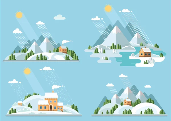 Winter landscape mountains snow-capped hills set icons. flat vec — Stock Vector