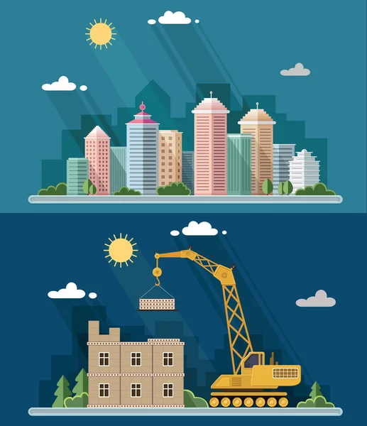 Conjunto de ilustración de paisaje urbano. gran ciudad, sitio de construcción, b — Vector de stock