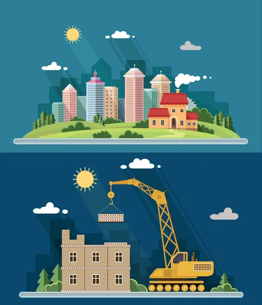 Conjunto de ilustración de paisaje urbano. gran ciudad, sitio de construcción, b — Vector de stock