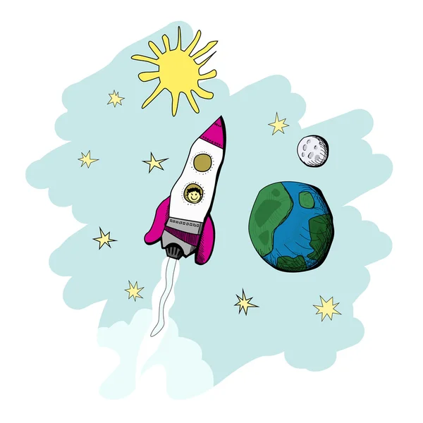 Uzaydan gezegenler yakınındaki bir roket çocuğun çizimi. — Stok Vektör