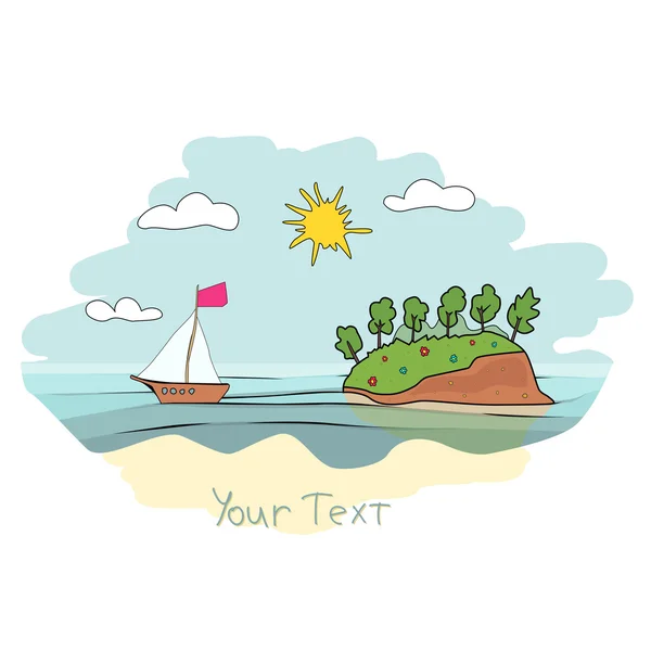 Child's drawing beautiful landscape.sailboat against a backgroun — Stock Vector