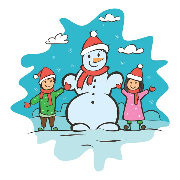 Carte de Noël avec enfants et bonhomme de neige. illustration vectorielle — Image vectorielle