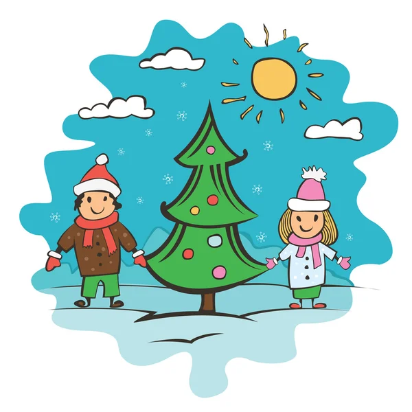 Dibujo infantil. tarjeta con niños y árbol de Navidad. vecto — Vector de stock