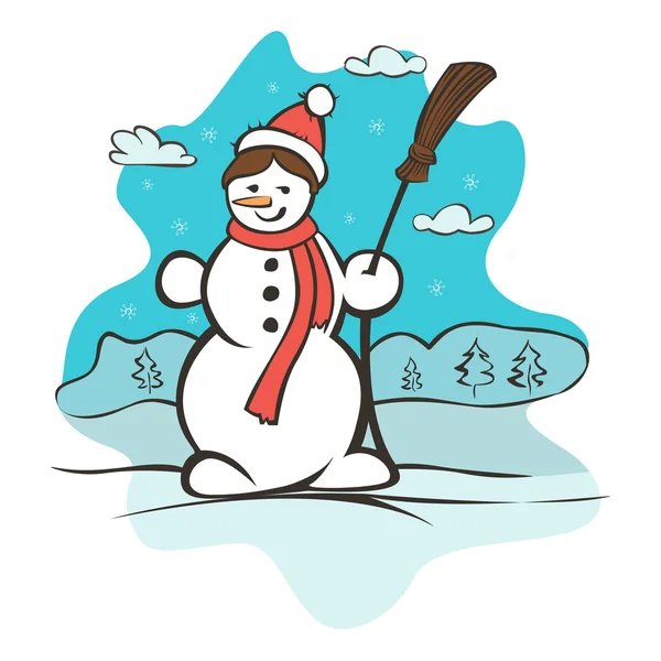 Gyermekek rajza egy hóember. Karácsonyi kártya vektoros illusztráció — Stock Vector