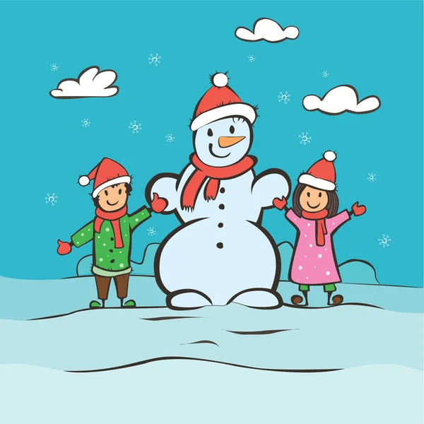 Tarjeta de Navidad con niños y muñeco de nieve. ilustración vectorial — Vector de stock
