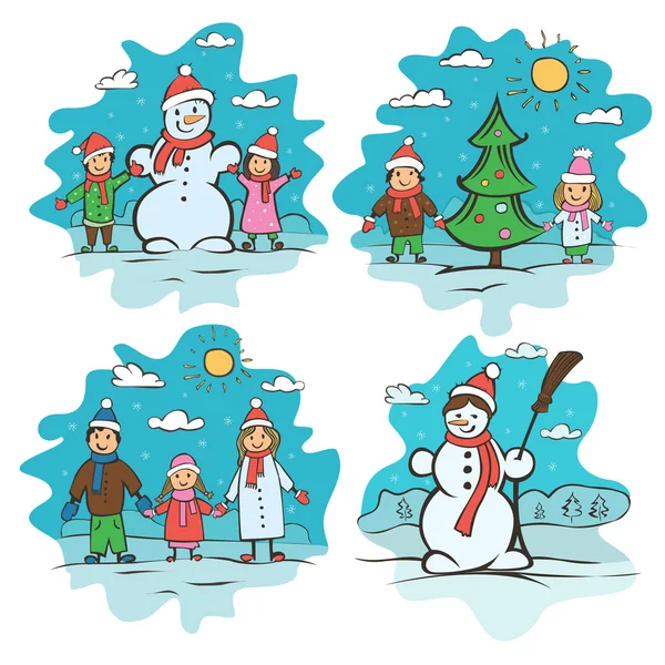 Conjunto de dibujos infantiles. Tarjeta de Navidad vector ilustración — Archivo Imágenes Vectoriales