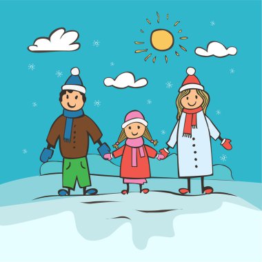 Çocuk mutlu bir aile çizim. Noel kartı vektör illustr