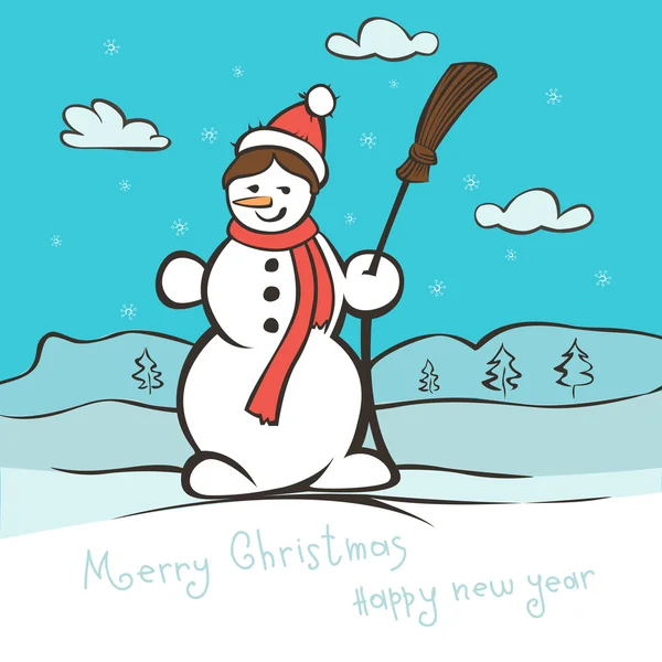 Τα παιδιά σχέδιο έναν χιονάνθρωπο. Χριστουγεννιάτικη κάρτα διανυσματικά εικονογράφηση — Διανυσματικό Αρχείο