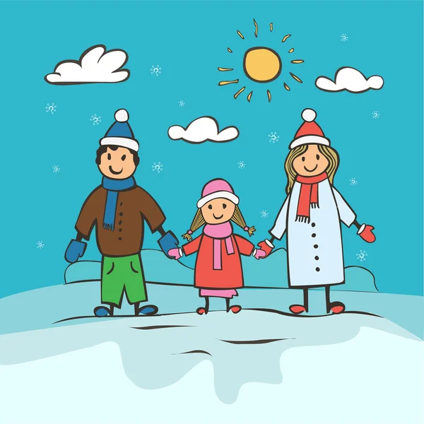 Los niños dibujan una familia feliz. Tarjeta de Navidad vector illustr — Vector de stock