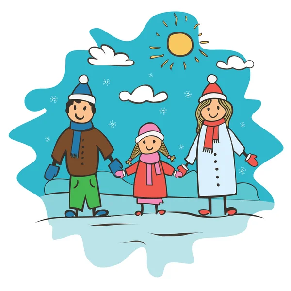 Los niños dibujan una familia feliz. Tarjeta de Navidad vector illustr — Archivo Imágenes Vectoriales