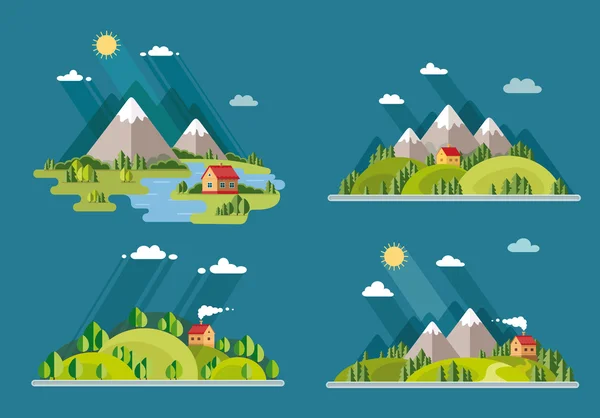 Yaz manzara ayarlayın. Ağaçların arasında dağlar evlerde, 