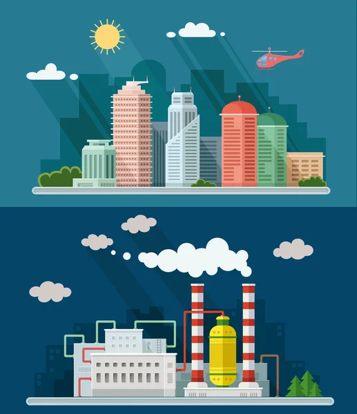 Conjunto de diseño plano. Ilustraciones de paisaje urbano incluyendo abajo — Vector de stock