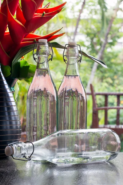 Glas Flaschen Wasser auf natürlichem Hintergrund. — Stockfoto