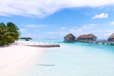 Maldivler 'de su bungalovları olan plaj.