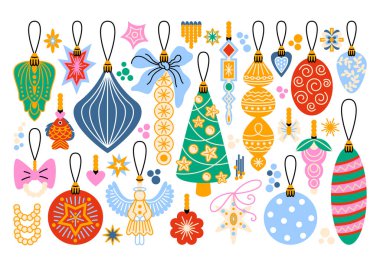 Eski çizgi film tarzında şirin Noel ağacı süslemeleri. Tatil takıları ve süsler, konfetiler, cam toplar, kalpler, yıldızlar, balıklar, fiyonklar, dekoratif figürler ve Noel ağaçları. Mevsimlik kış tatili düz resimleme.