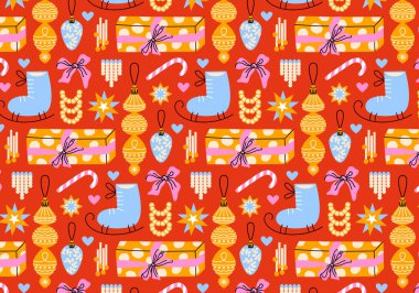 Kırmızı arka planda çizgi film tarzında şirin bir Noel ve yeni yıl deseni. Tatil dekoru, hediye kutuları, yaylar, kış, buz patenleri, yıldızlar, Noel oyuncakları, rahat atmosfer. Mevsimlik tekstil. Yazdırılabilir ambalaj kağıdı tasarımı.