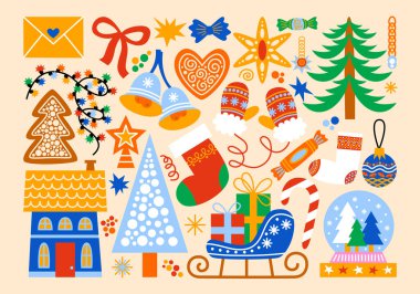 Çizgi film tarzında renkli Noel ve Yeni Yıl çizimleri. Tatil hediyeleri ve dekorlar, kış, kar taneleri, Noel Baba, Noel ağacı, cam Noel tabakası, kızak, oyuncaklar, çelenkler, yıldızlar, yaylar, rahat atmosfer. Sevimli neşeli mevsimlik vektör nesneleri